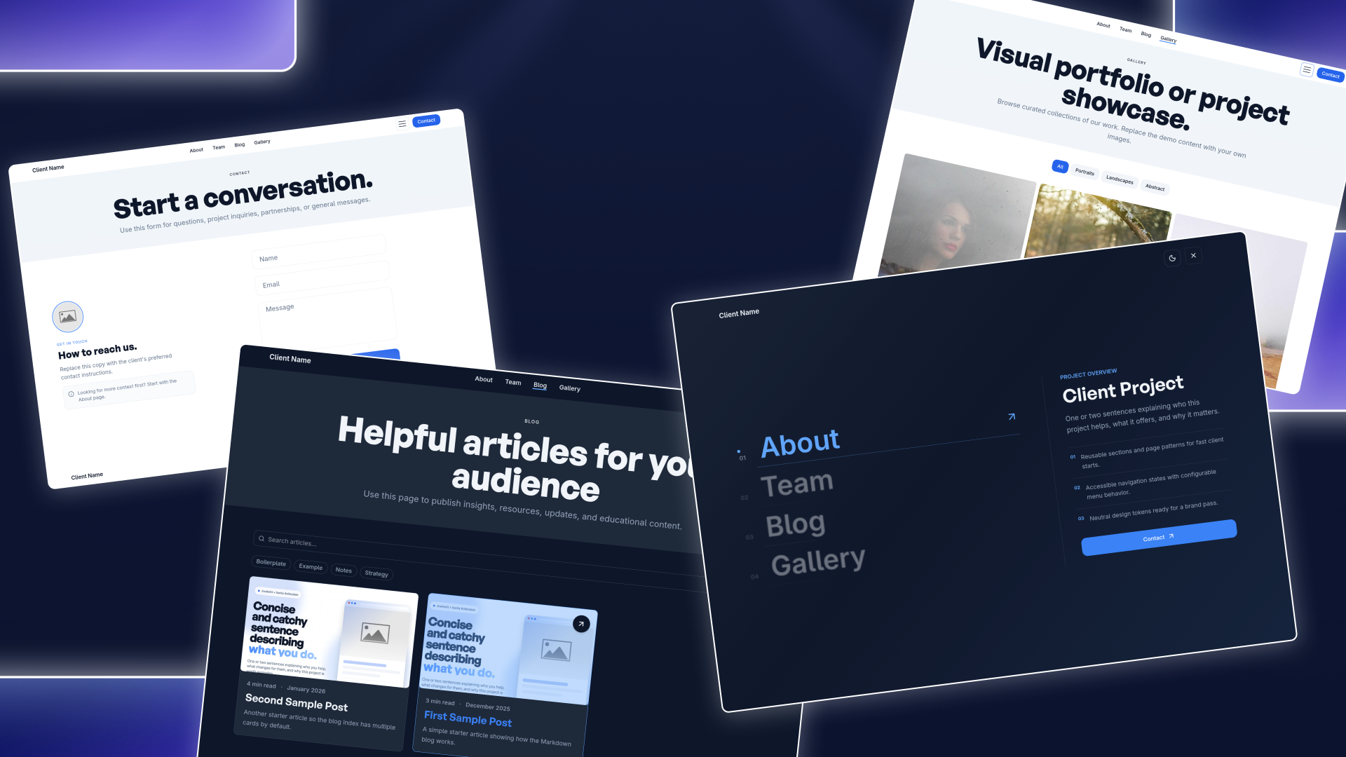 Custom Boilerplate page layouts including contact, blog, gallery, and project pages