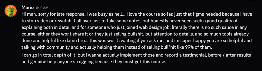Student feedback praising the course detail, explanations, and included tools